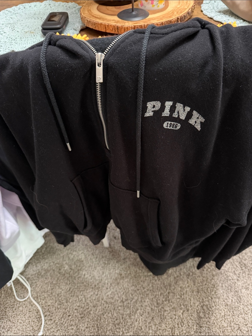 PINK Victoria's Secret Black Zip-Up Hoodie with Silver Logo with pants
